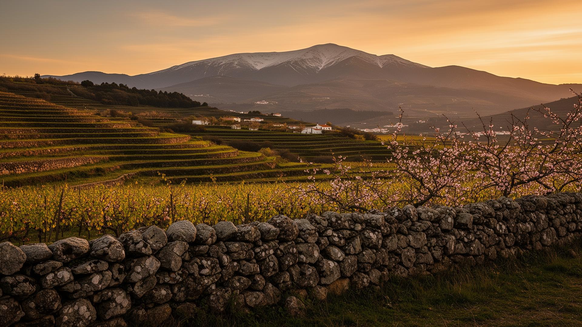 Pôr-do-sol nas vinhas da Beira Interior com a Serra da Estrela ao fundo