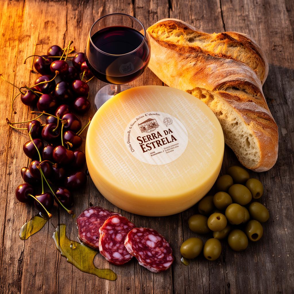 Tábua com queijo Serra da Estrela, cereja do Fundão e vinho